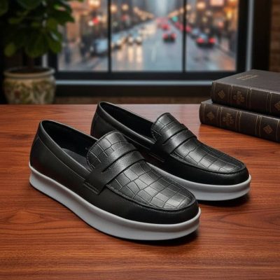 Black Embossed Leather Penny Loafers White Platform Sole