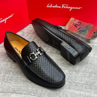 Salvatore Ferragamo Woven Leather Loafers Brown Black