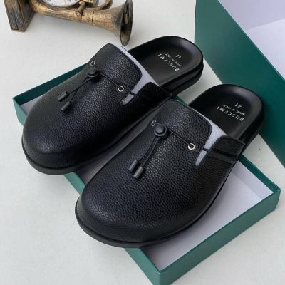 Buscemi Pebbled Leather Mules Black Drawstring Slip On