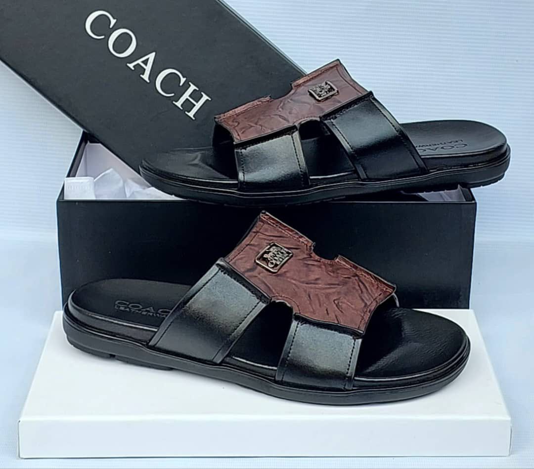 Coach Buckle Strap Leather Sandals Brown Textured Upper