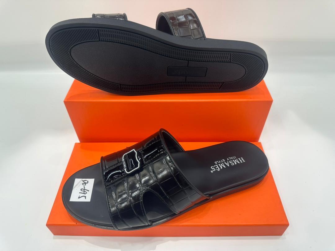 Croc Texture Leather Sandals Black Brown Classic Comfort