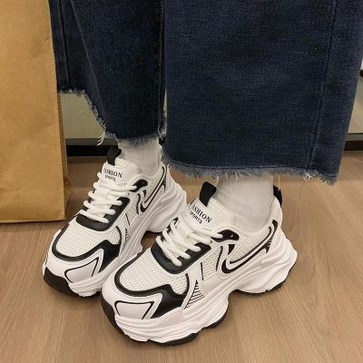 Fashion Sports Platform Sneakers White Black Chunky Mesh