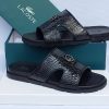 Lacoste Croc Embossed Leather Slippers Black Metal Logo Strap