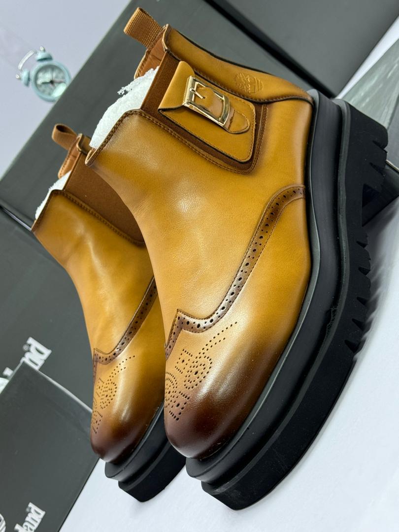 Leather Chelsea Boots Wingtip Brogue Lug Sole Brown