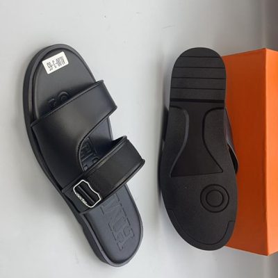 Leather Slippers Black Classic Open Design