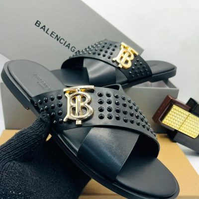Leather Studded Slippers Black Gold B Buckle Luxury