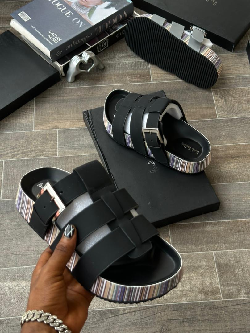 Multi Strap Slides Black Brown Green Striped Platform Sole - Image 3