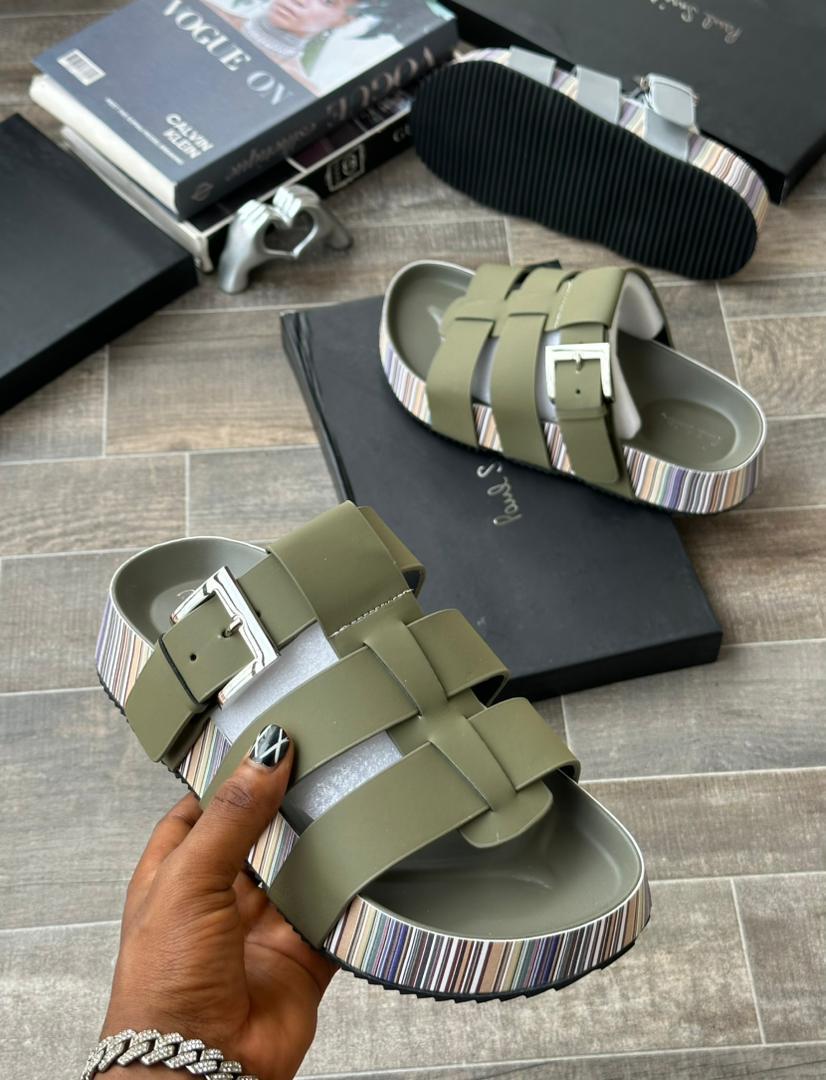 Multi Strap Slides Black Brown Green Striped Platform Sole - Image 2