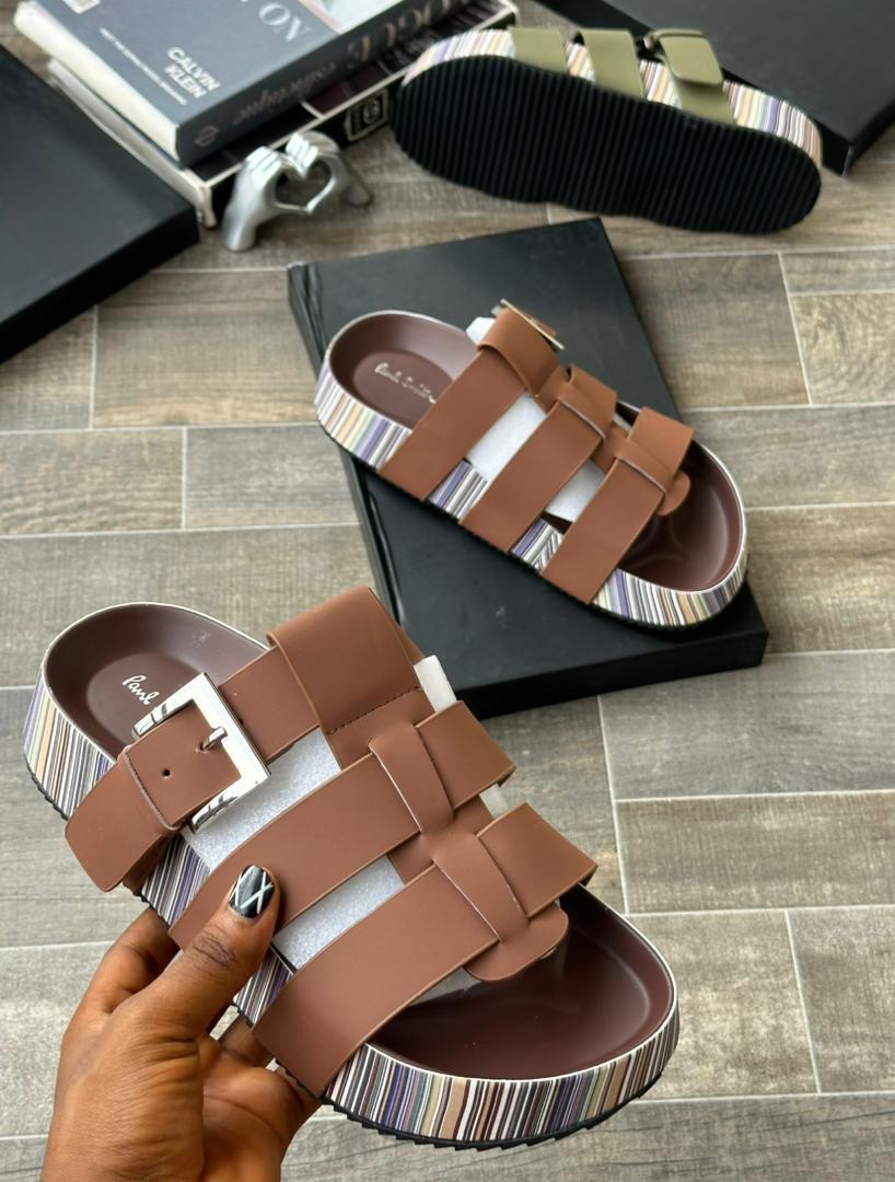 Multi Strap Slides Black Brown Green Striped Platform Sole