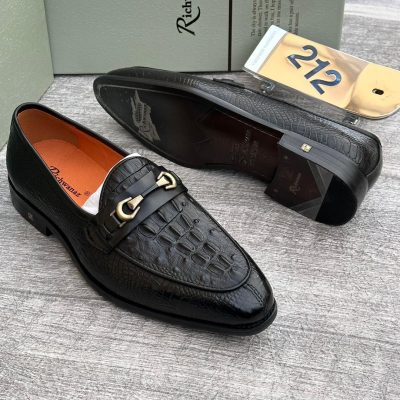 Richwanaz Croc Embossed Loafers Black Gold Horsebit