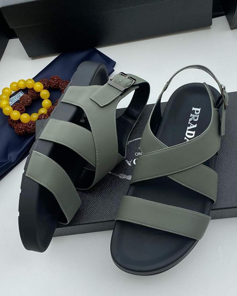 Prada Cross Strap Leather Sandals olive black Minimal Design